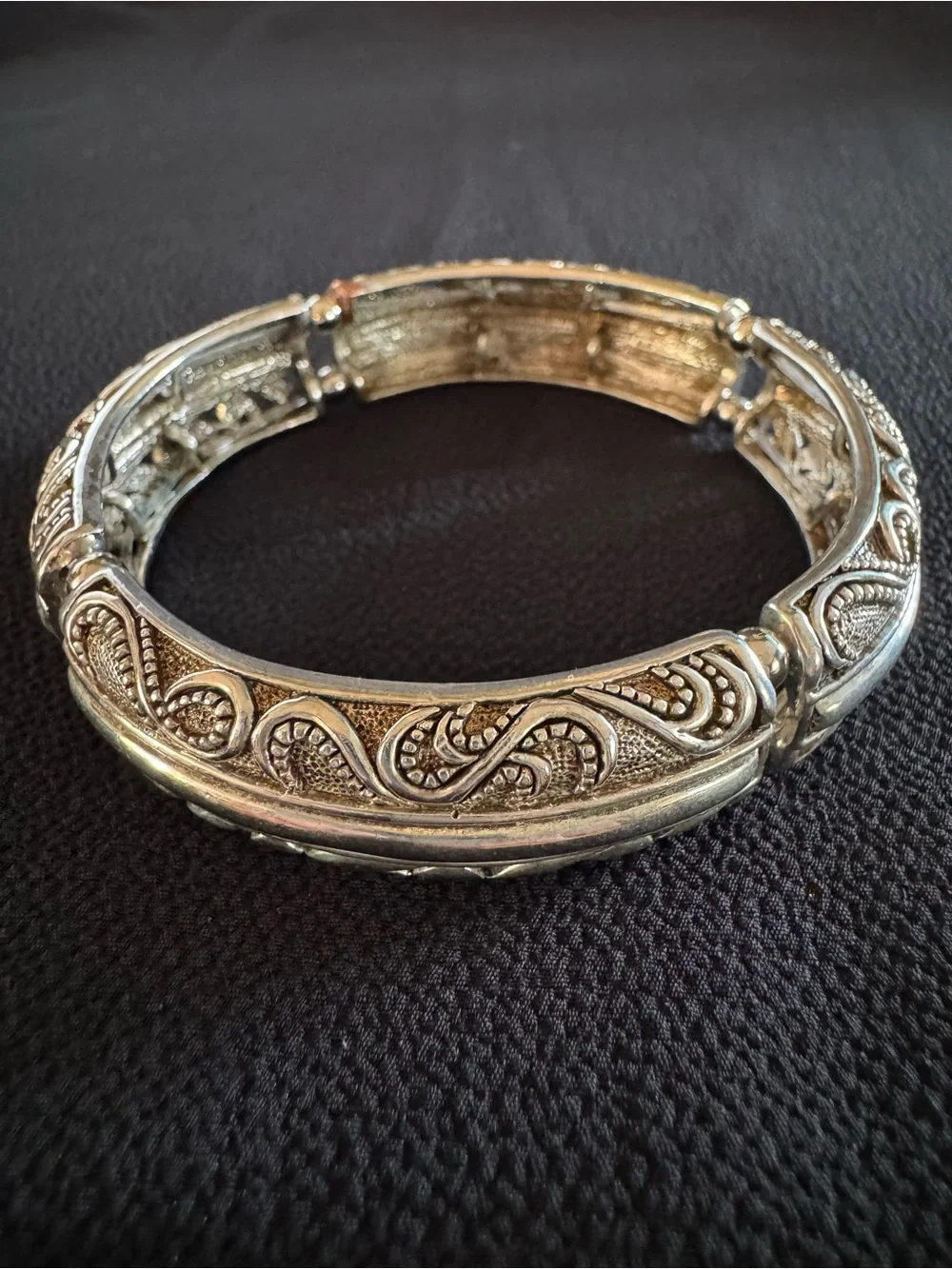 Silver Tone Paisley Filigree Stretch Panel Bracelet Boho Bali Ornate